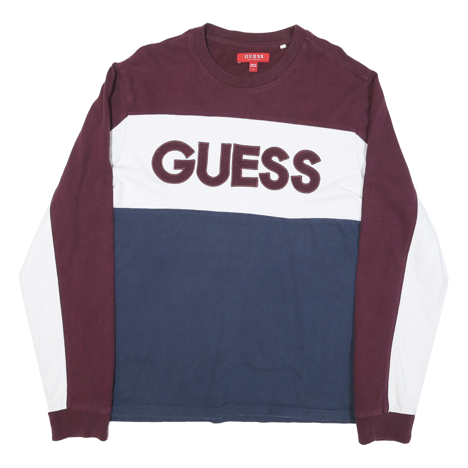 GUESS Mens Maroon & White & Blue Crew Neck L Cotton Blend Sweatshirt