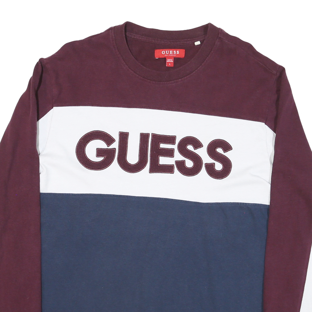 GUESS Mens Maroon & White & Blue Crew Neck L Cotton Blend Sweatshirt