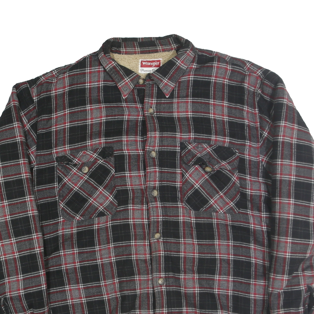 WRANGLER Mens Black Red Check Button Jacket XL Polyester Blend Cozy Lined