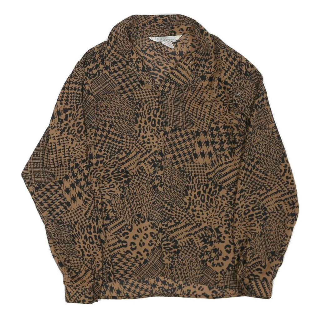 Womens Brown Black Animal Print Long Sleeve Collared Blouse L Polyester Blend