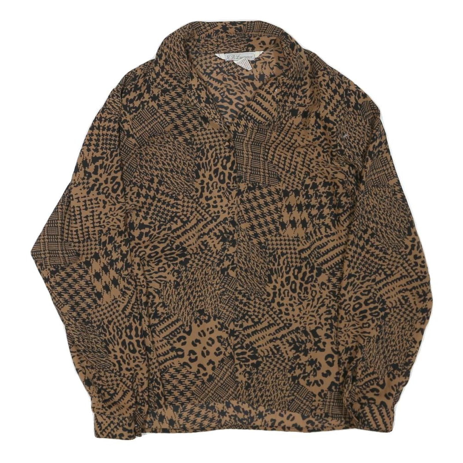 Womens Brown Black Animal Print Long Sleeve Collared Blouse L Polyester Blend