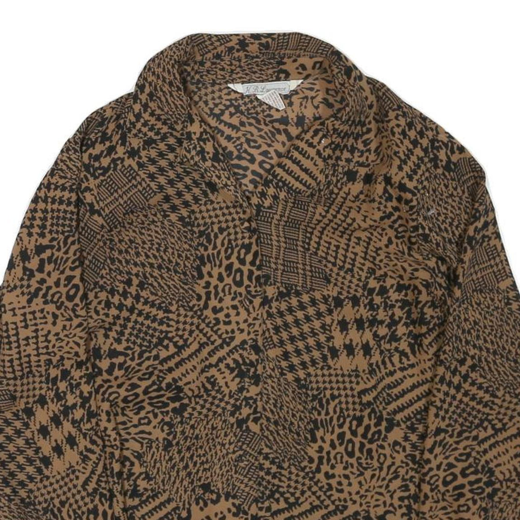 Womens Brown Black Animal Print Long Sleeve Collared Blouse L Polyester Blend