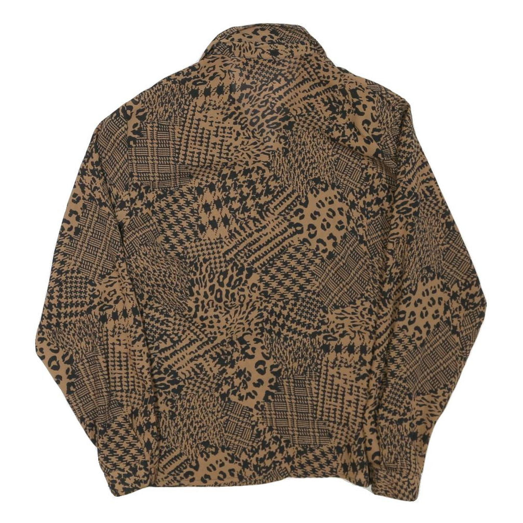 Womens Brown Black Animal Print Long Sleeve Collared Blouse L Polyester Blend