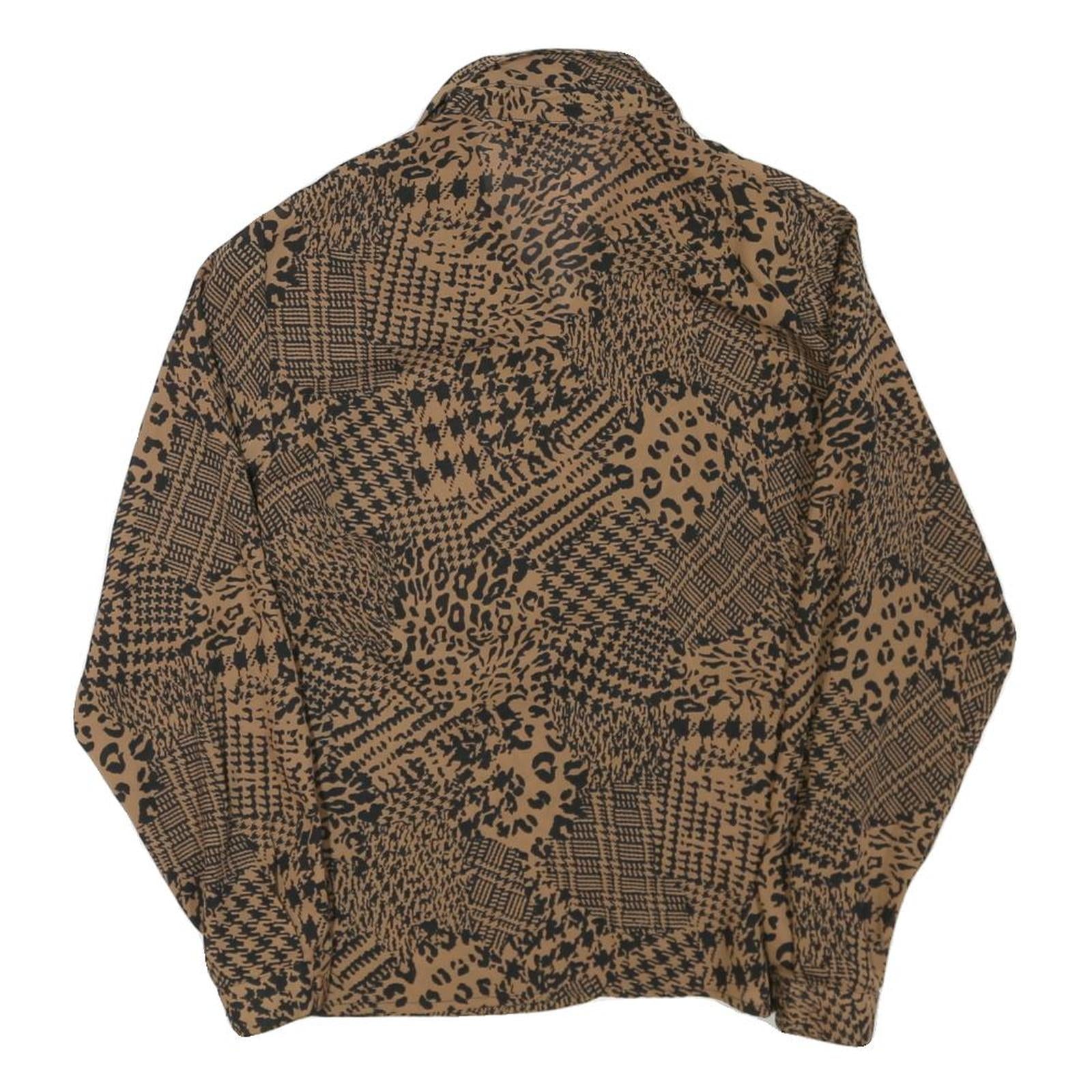 Womens Brown Black Animal Print Long Sleeve Collared Blouse L Polyester Blend