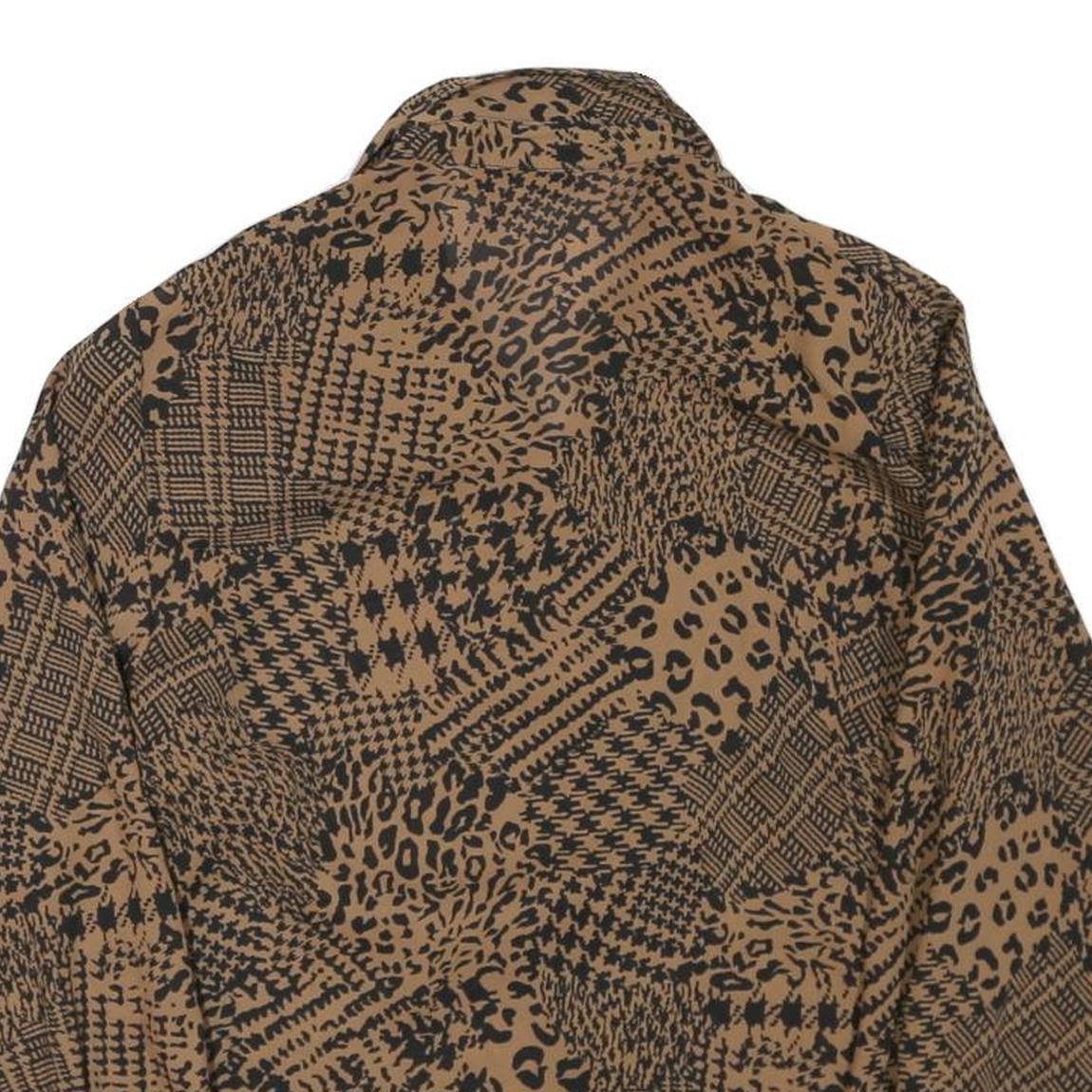 Womens Brown Black Animal Print Long Sleeve Collared Blouse L Polyester Blend