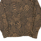 Womens Brown Black Animal Print Long Sleeve Collared Blouse L Polyester Blend