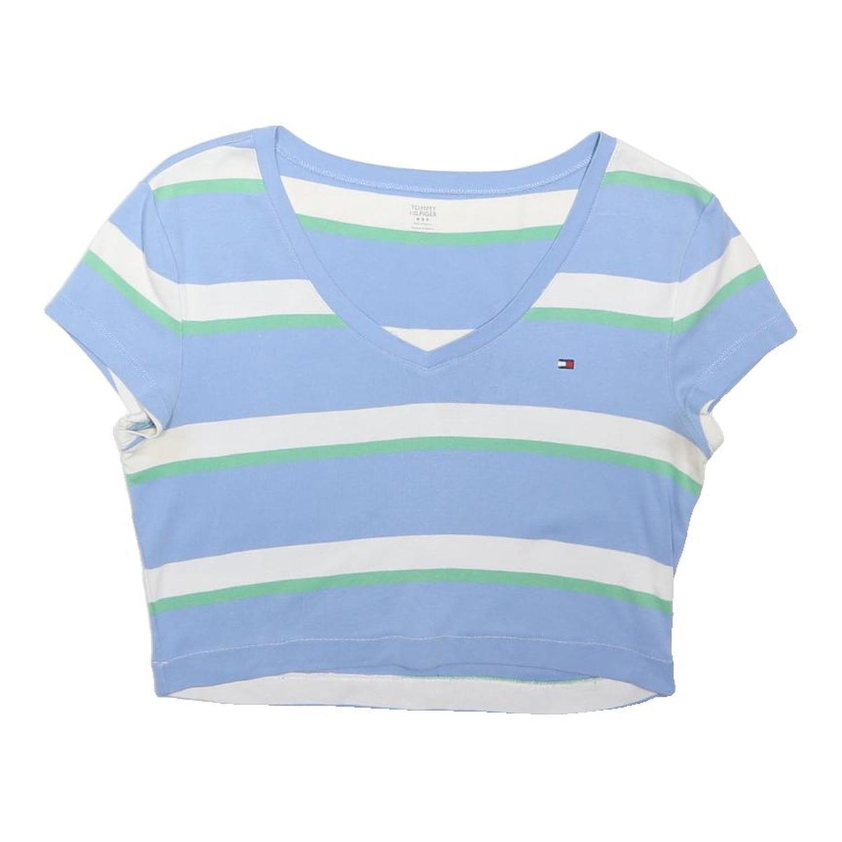 TOMMY HILFIGER Girls Blue & White Striped Crop T-Shirt M Short Sleeve V-Neck