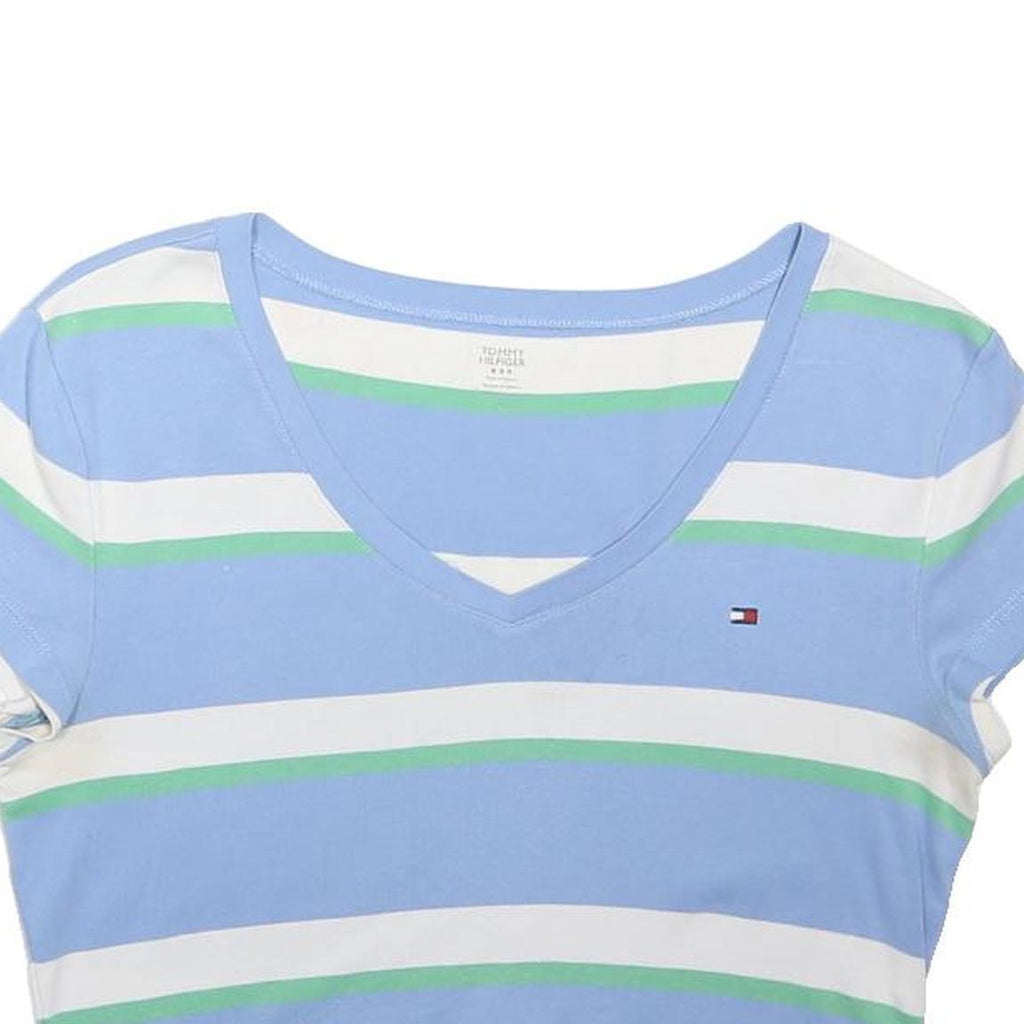 TOMMY HILFIGER Girls Blue & White Striped Crop T-Shirt M Short Sleeve V-Neck