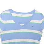 TOMMY HILFIGER Girls Blue & White Striped Crop T-Shirt M Short Sleeve V-Neck