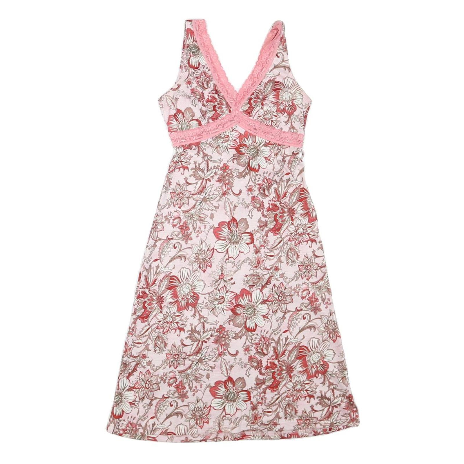 FOREVER21 Womens Pink Floral Print Cotton Blend Day Dress XS Lace Trim V-Neck