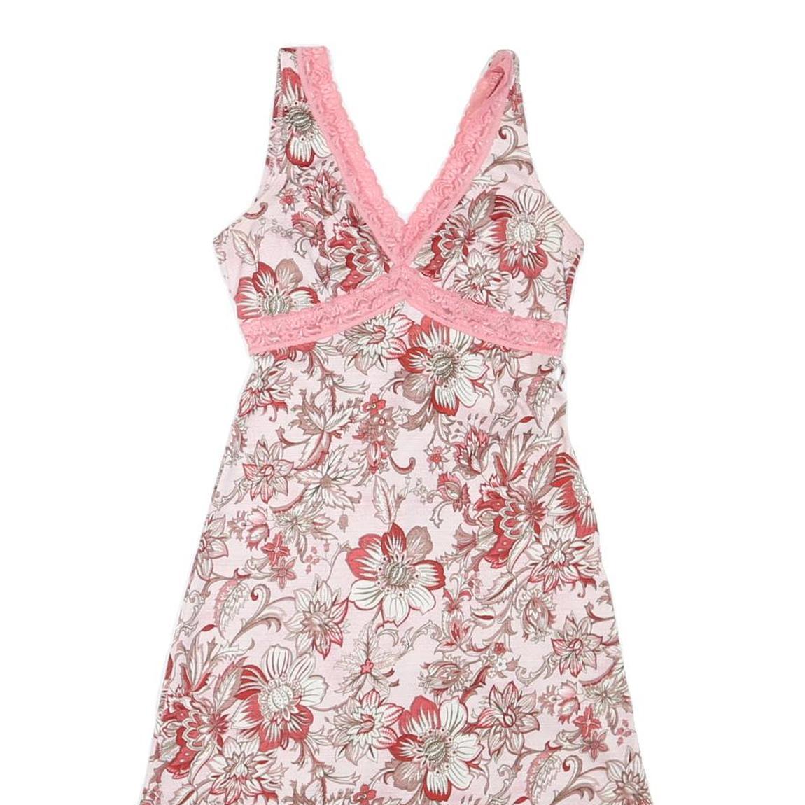 FOREVER21 Womens Pink Floral Print Cotton Blend Day Dress XS Lace Trim V-Neck