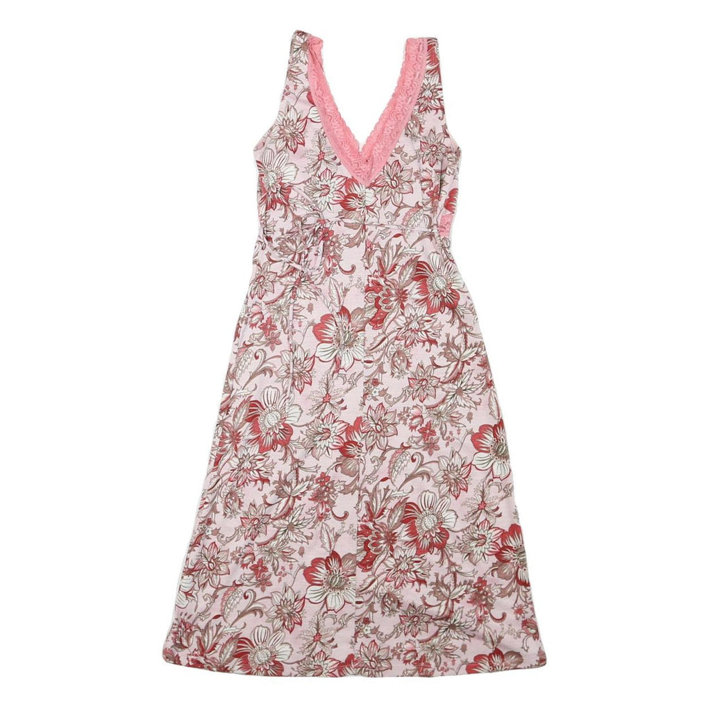FOREVER21 Womens Pink Floral Print Cotton Blend Day Dress XS Lace Trim V-Neck