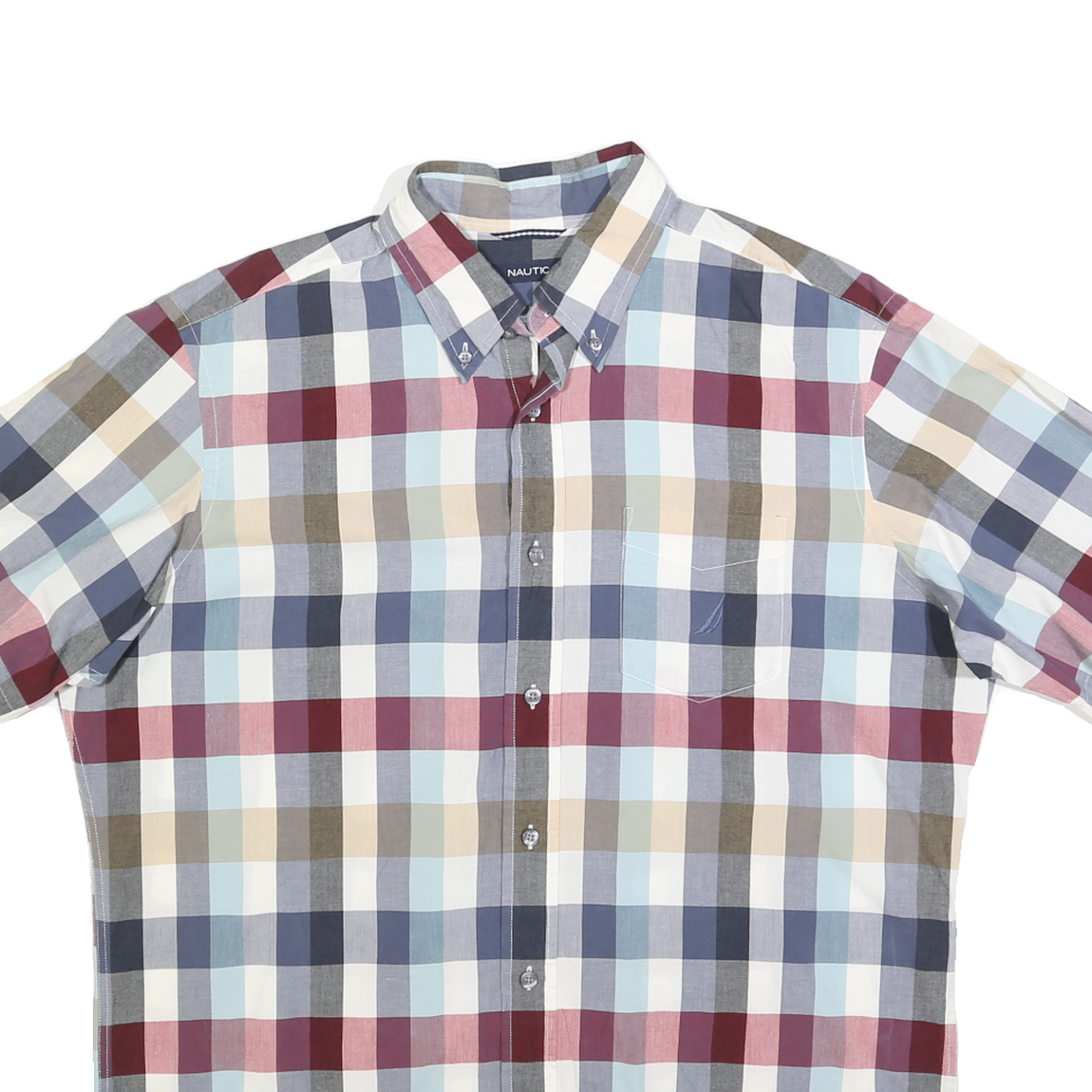 NAUTICA Mens Blue Red Beige Check Shirt L Cotton Blend Casual Short Sleeve