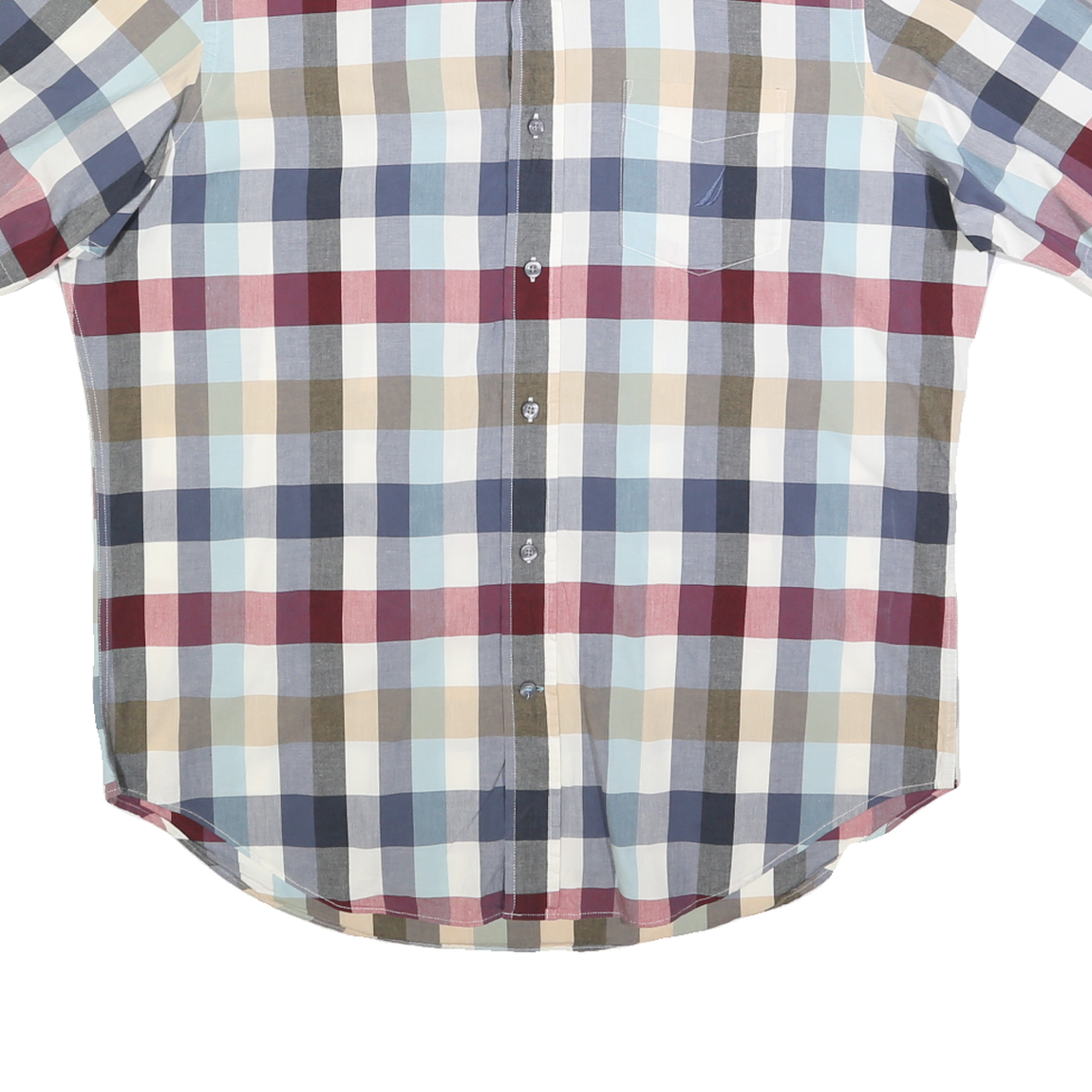 NAUTICA Mens Blue Red Beige Check Shirt L Cotton Blend Casual Short Sleeve