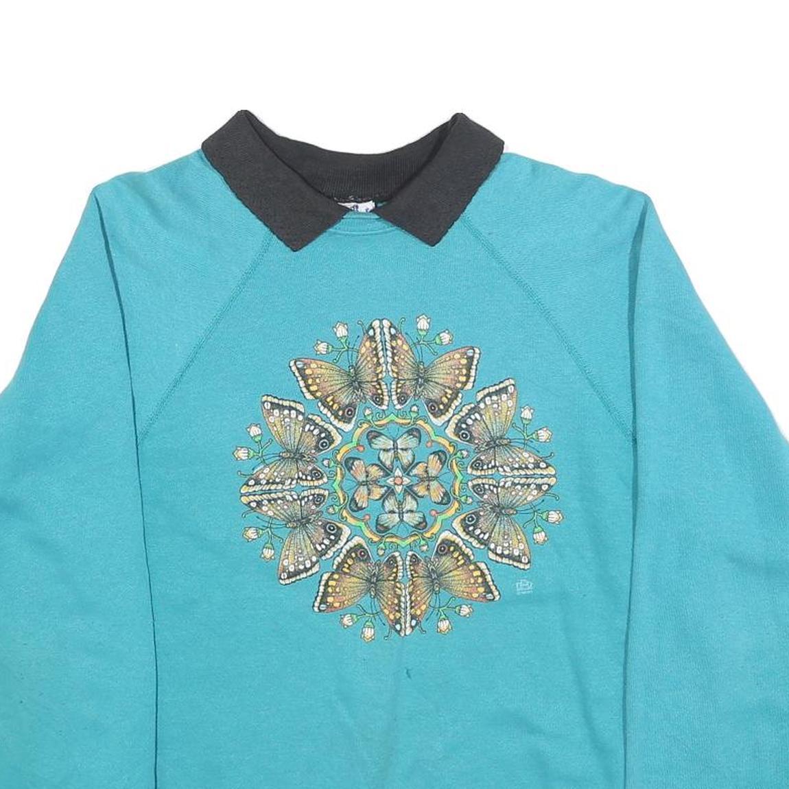 LSJ Womens Blue & Black Sweatshirt Collar M Butterfly Print Cotton Blend