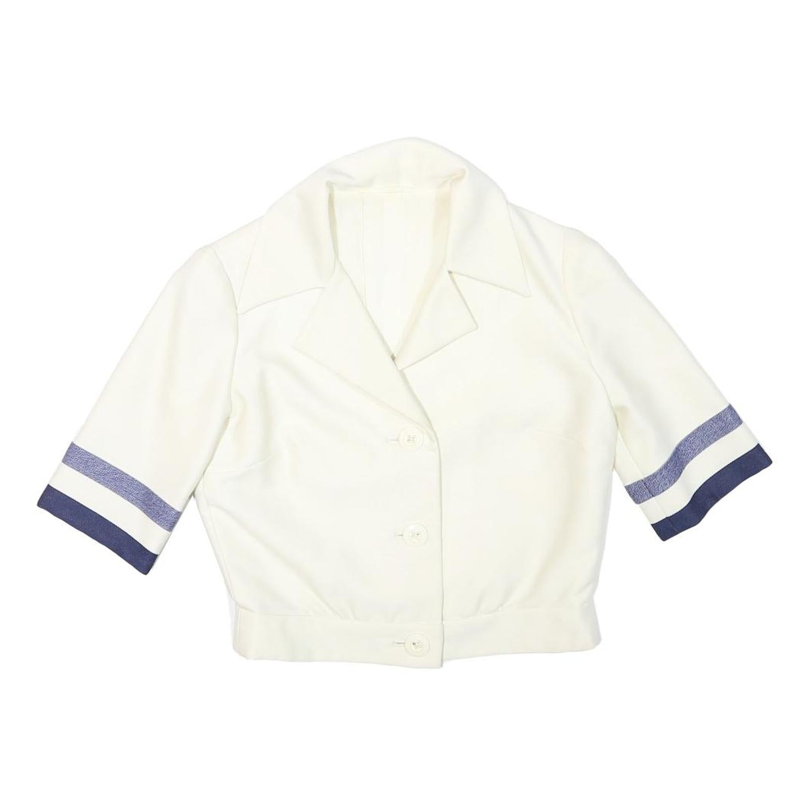 Womens White & Navy Button Crop Cotton Blend Jacket XS Retro Style