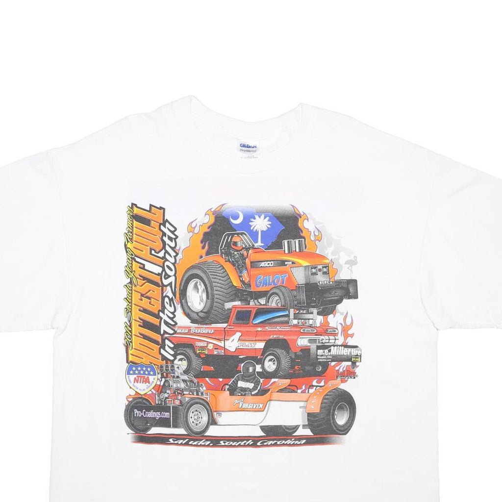 GILDAN Mens White XL Graphic T-Shirt Short Sleeve Crew Neck Cotton Blend Motor