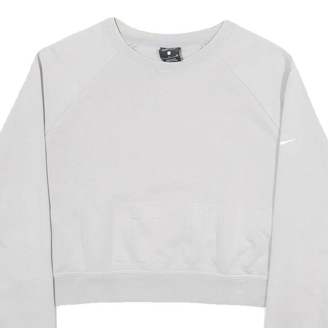 NIKE Womens White Cropped Crew Neck Sweatshirt S Embossed Logo