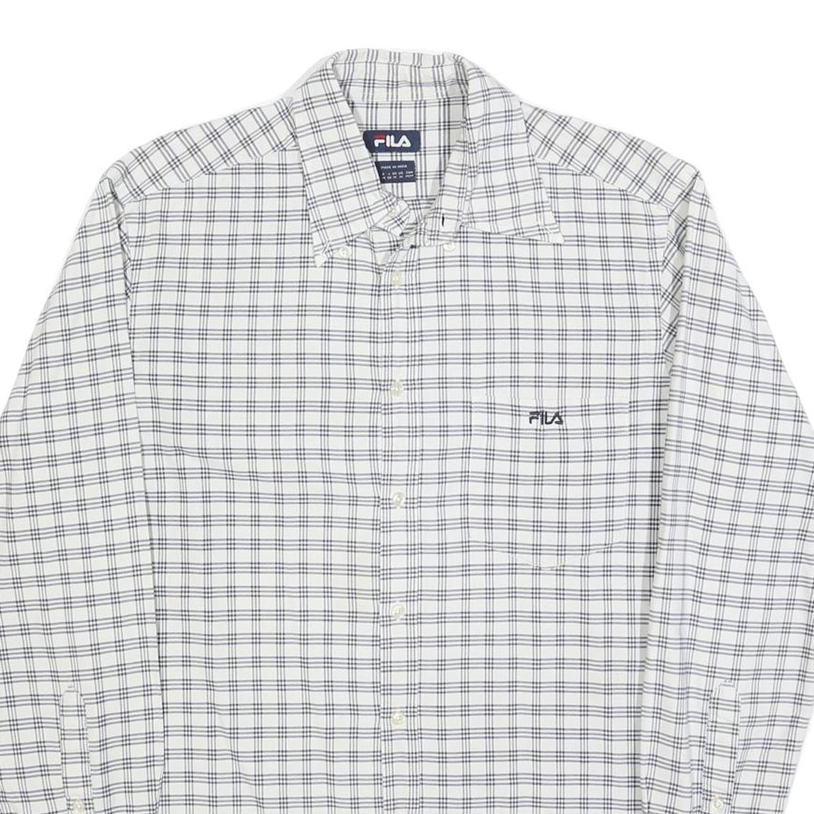FILA Mens White & Blue Checked Shirt M Casual Button-Down Long Sleeve Cotton
