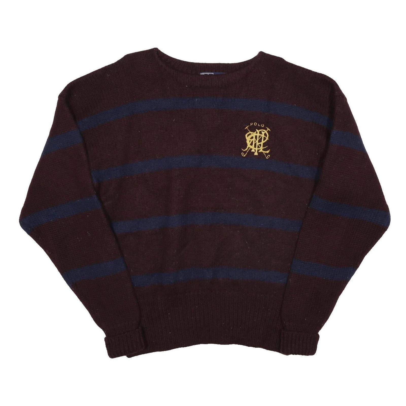 POLO RALPH LAUREN Mens Maroon & Navy Striped Pattern Wool Jumper Crew Neck XL