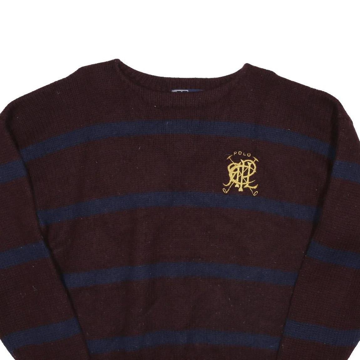 POLO RALPH LAUREN Mens Maroon & Navy Striped Pattern Wool Jumper Crew Neck XL
