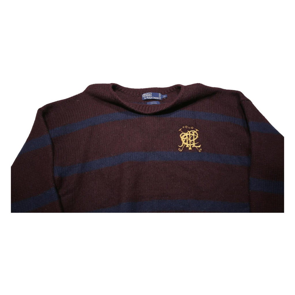 POLO RALPH LAUREN Mens Maroon & Navy Striped Pattern Wool Jumper Crew Neck XL