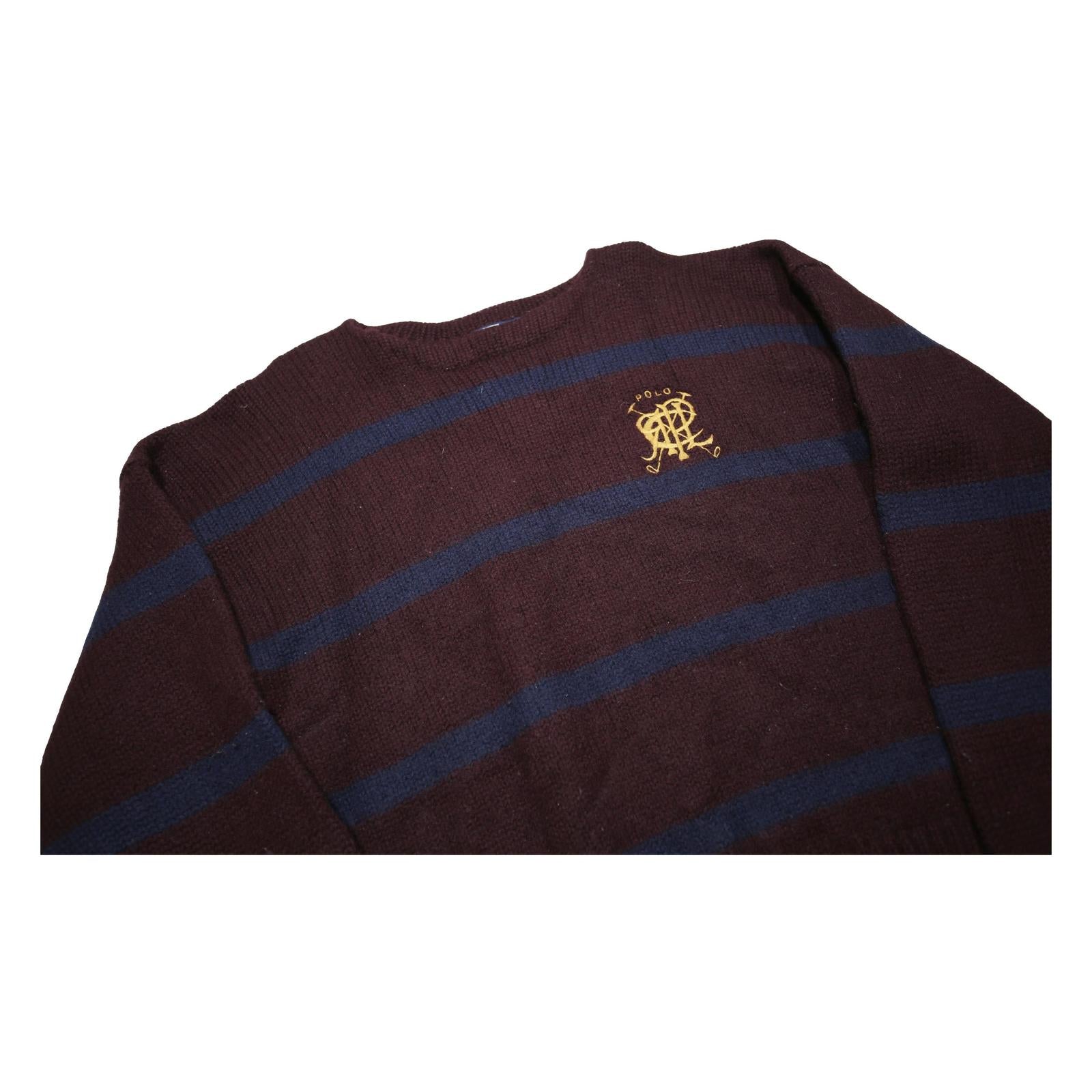 POLO RALPH LAUREN Mens Maroon & Navy Striped Pattern Wool Jumper Crew Neck XL
