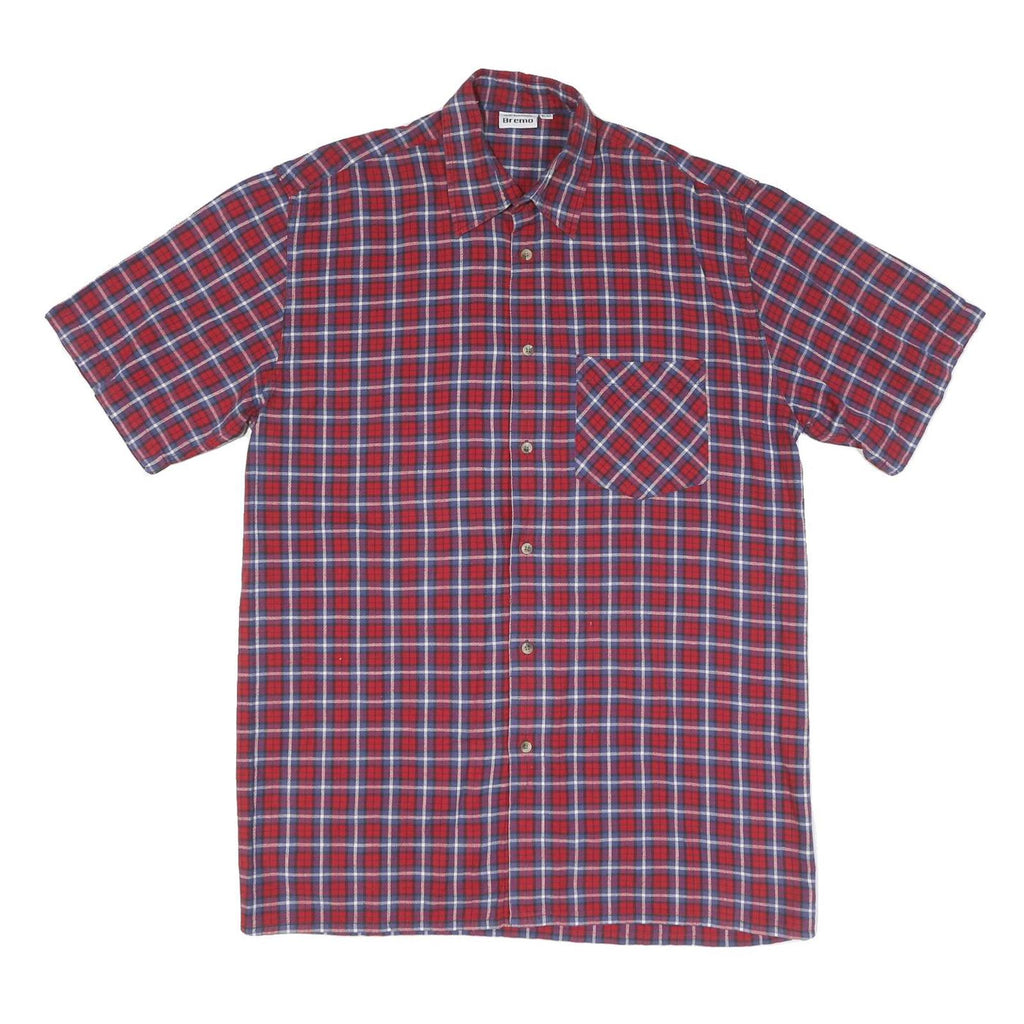 Mens Red Blue Check Cotton Shirt L Casual Short Sleeve Pocket Button Collar