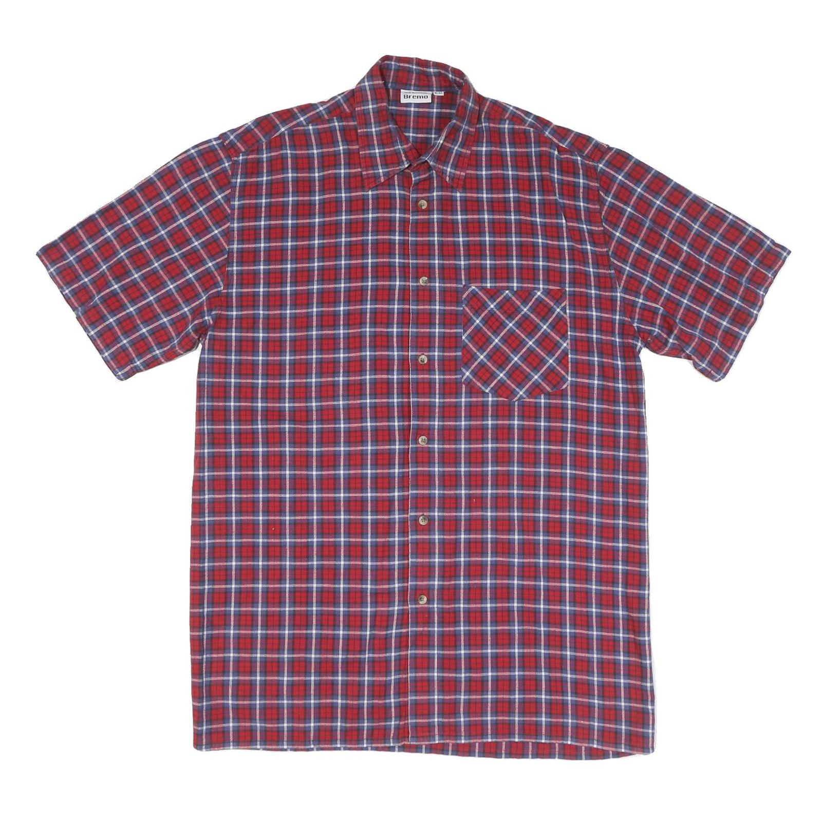 Mens Red Blue Check Cotton Shirt L Casual Short Sleeve Pocket Button Collar