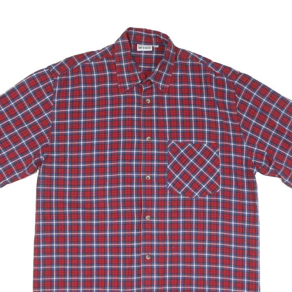 Mens Red Blue Check Cotton Shirt L Casual Short Sleeve Pocket Button Collar