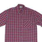 Mens Red Blue Check Cotton Shirt L Casual Short Sleeve Pocket Button Collar
