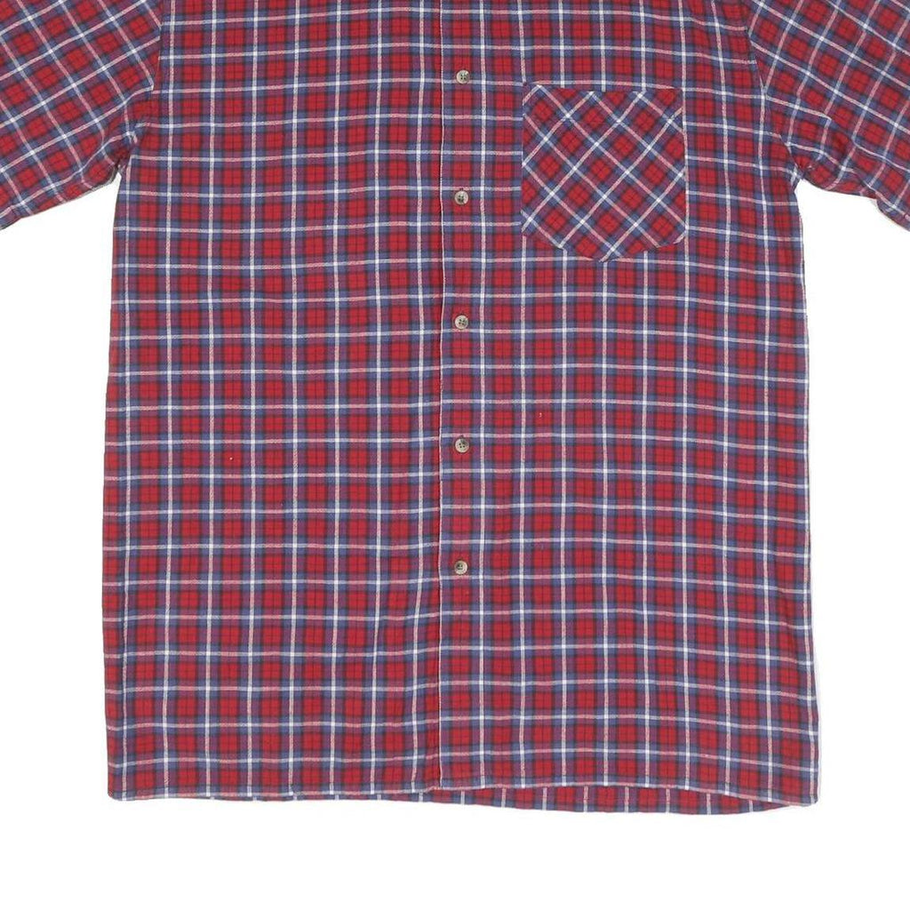 Mens Red Blue Check Cotton Shirt L Casual Short Sleeve Pocket Button Collar