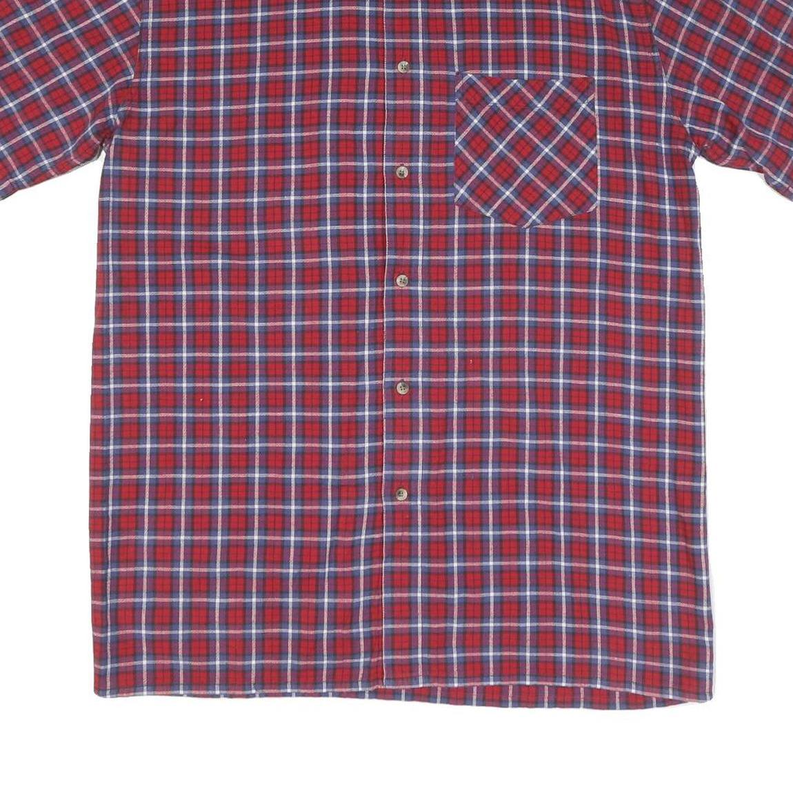Mens Red Blue Check Cotton Shirt L Casual Short Sleeve Pocket Button Collar