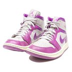 AIR JORDAN 1 Mid Womens Lace-Up Trainers White & Purple Leather UK 6.5 Retro