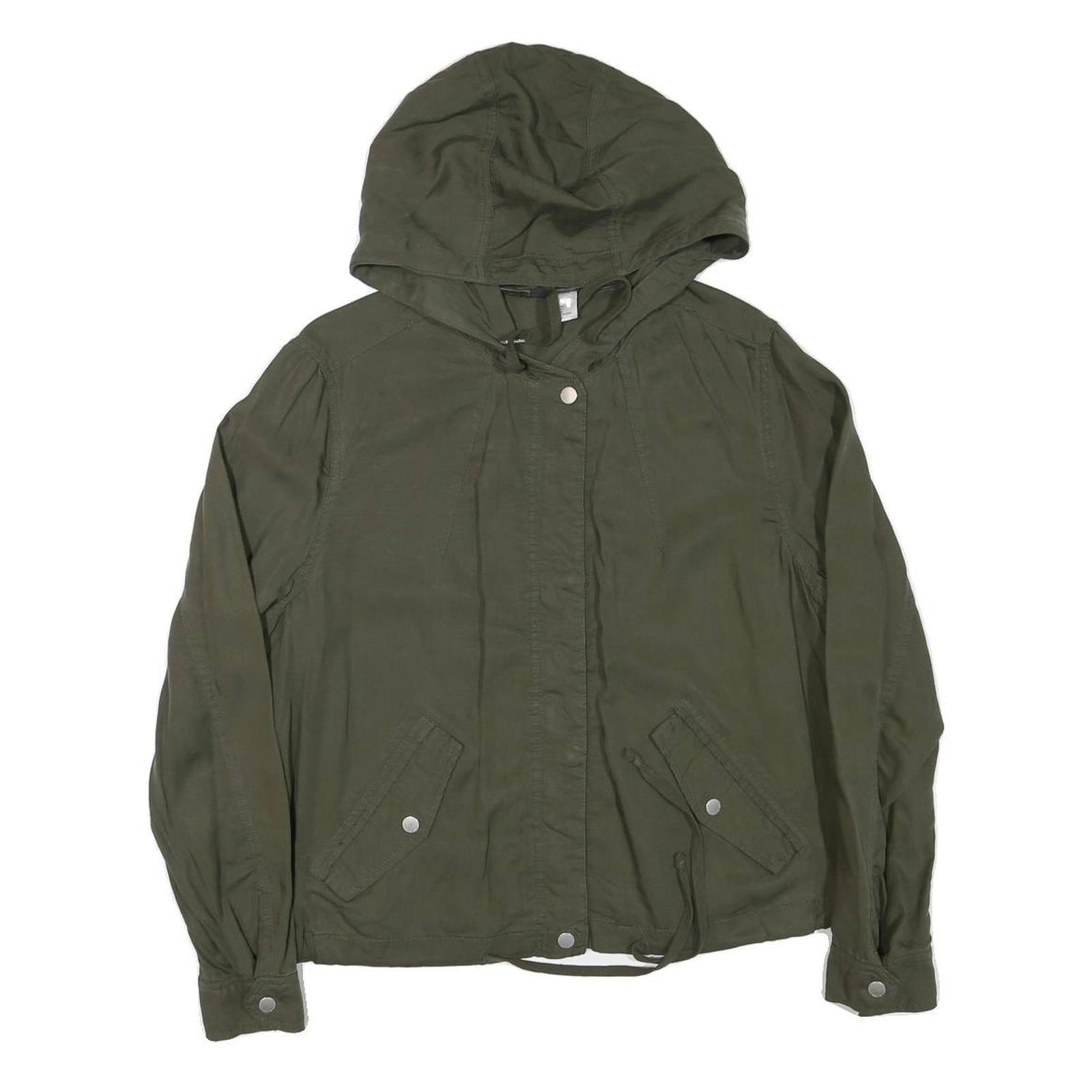 H&M Womens Green Hooded Zip Jacket S Linen Blend Plain Lightweight Casual