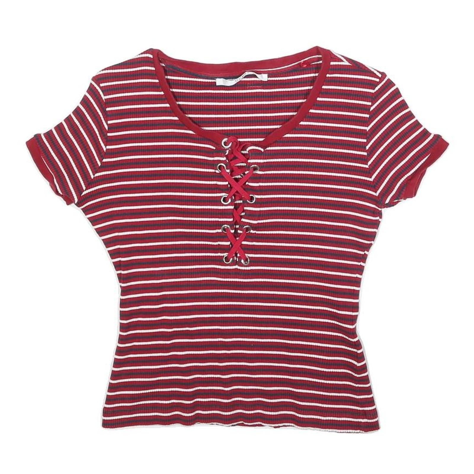 GUESS Womens Red & White Striped Graphic T-Shirt M Short Sleeve Scoop Neck