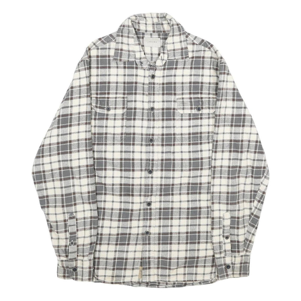 JACHS Mens White & Grey Check Shirt M Button Pocket Casual Cotton Long Sleeve