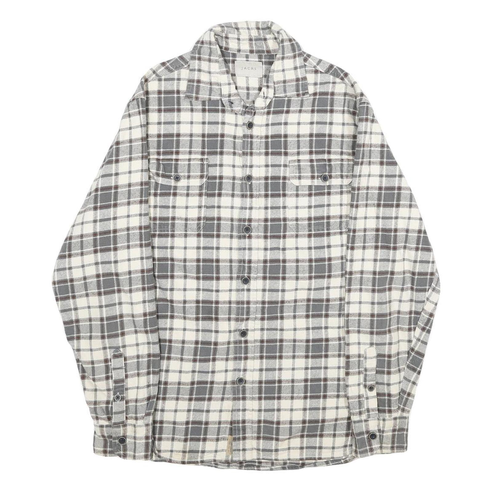 JACHS Mens White & Grey Check Shirt M Button Pocket Casual Cotton Long Sleeve