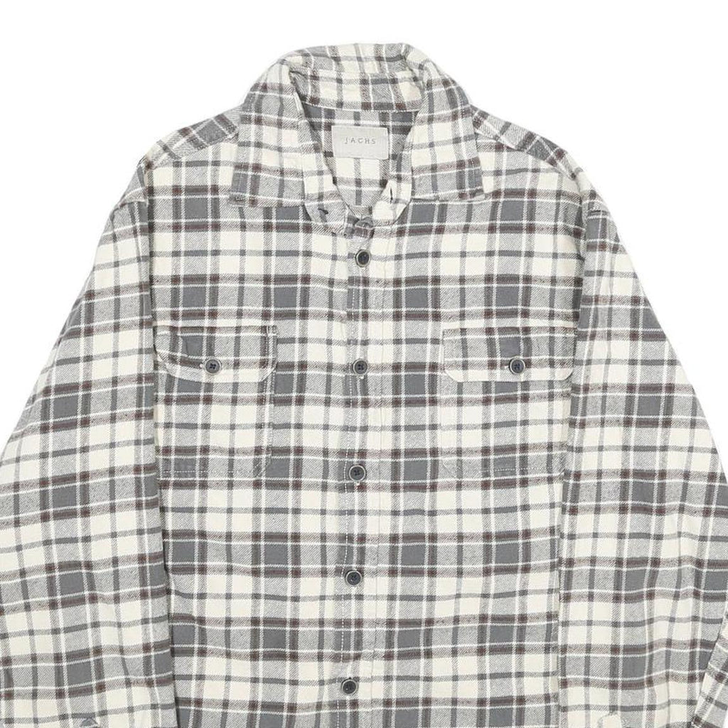 JACHS Mens White & Grey Check Shirt M Button Pocket Casual Cotton Long Sleeve