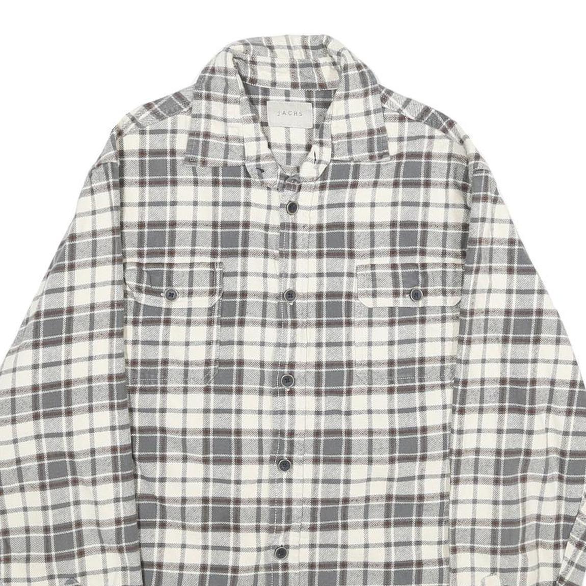 JACHS Mens White & Grey Check Shirt M Button Pocket Casual Cotton Long Sleeve