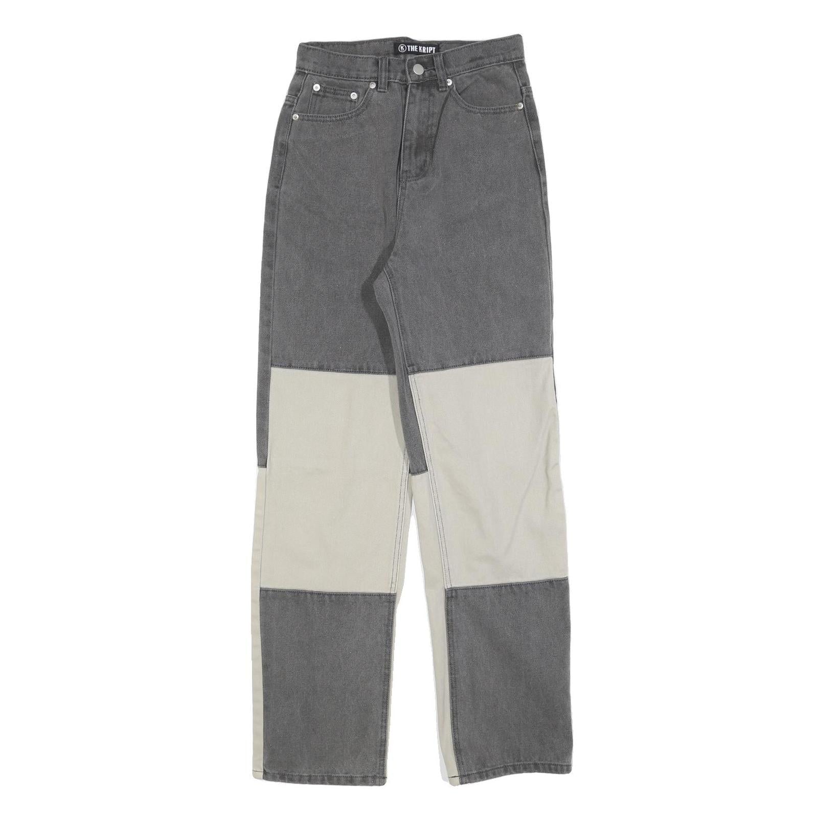 THE KRIPT Womens Regular Fit Colourblock Denim Jeans Grey & Cream W25 L30 Zip