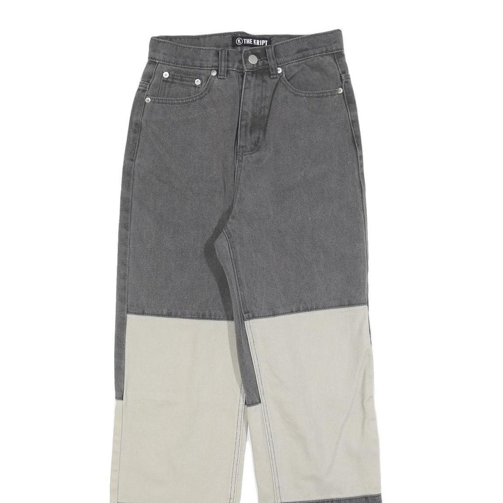 THE KRIPT Womens Regular Fit Colourblock Denim Jeans Grey & Cream W25 L30 Zip
