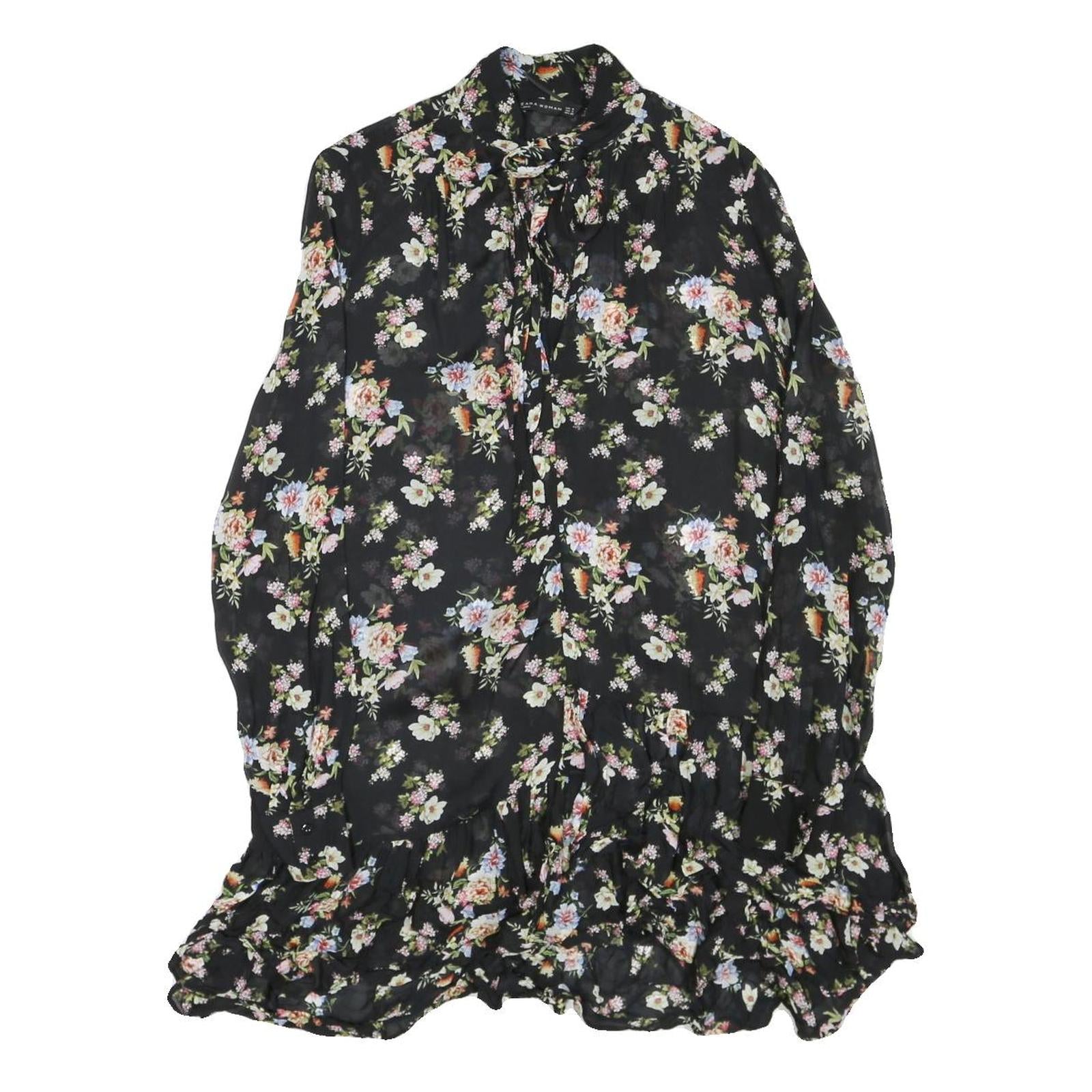 ZARA Womens Black Floral Polyester Blend Day Dress S Ruffle Hem Tie Neck