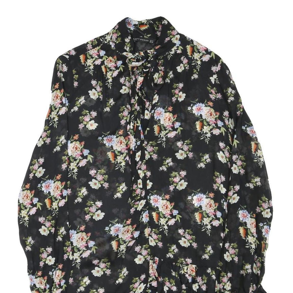 ZARA Womens Black Floral Polyester Blend Day Dress S Ruffle Hem Tie Neck