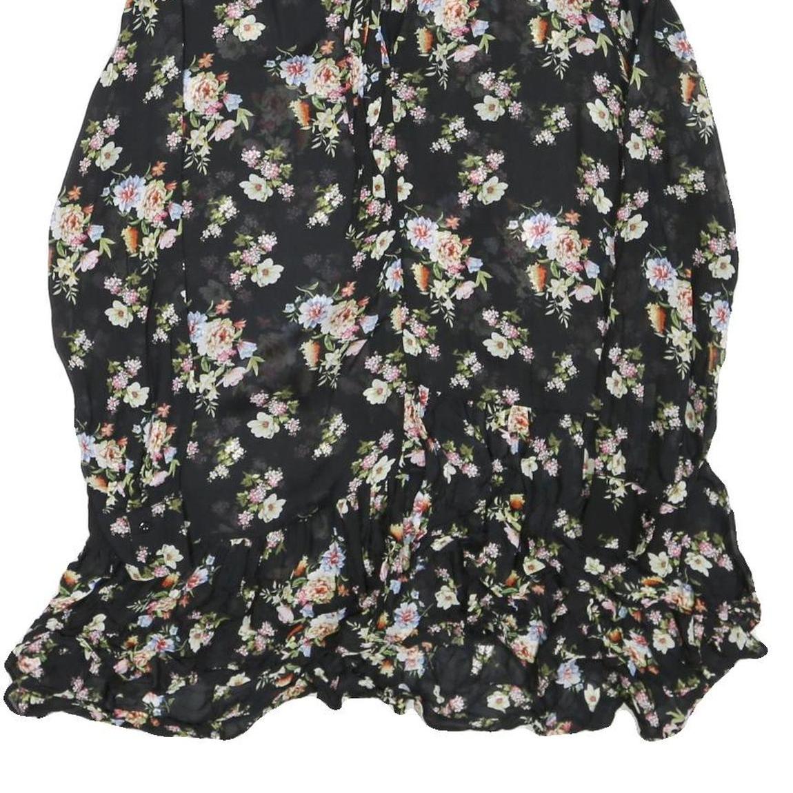 ZARA Womens Black Floral Polyester Blend Day Dress S Ruffle Hem Tie Neck