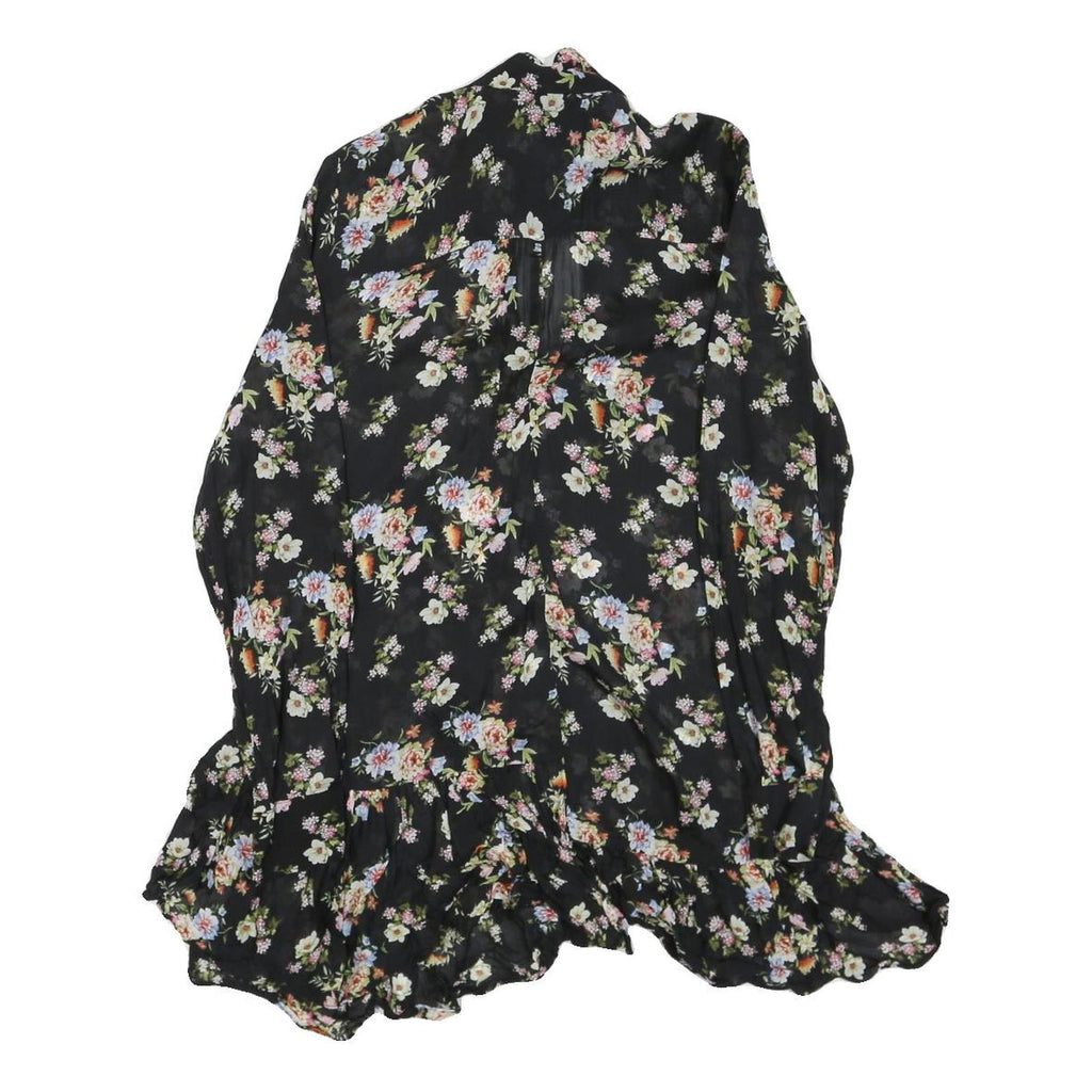 ZARA Womens Black Floral Polyester Blend Day Dress S Ruffle Hem Tie Neck