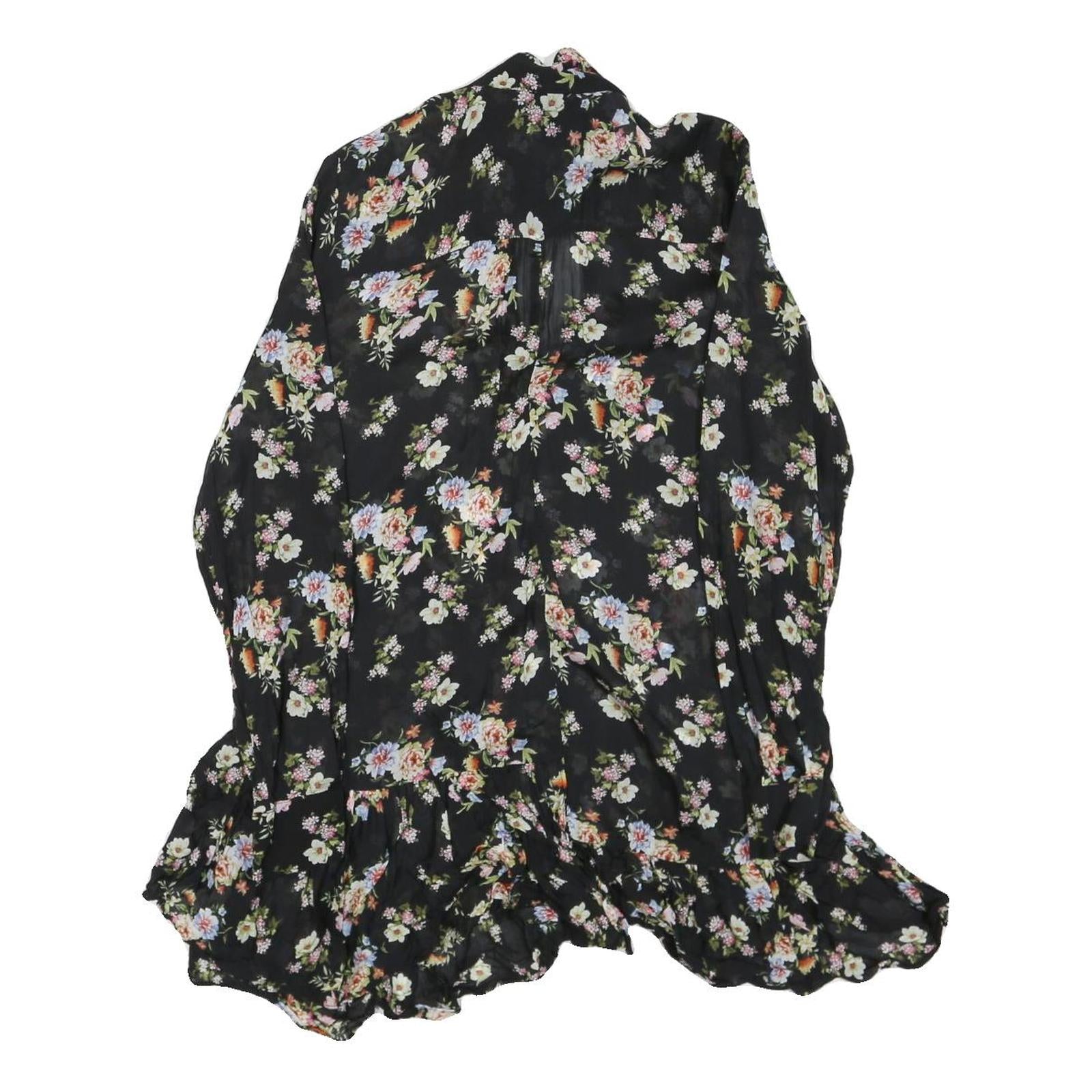 ZARA Womens Black Floral Polyester Blend Day Dress S Ruffle Hem Tie Neck