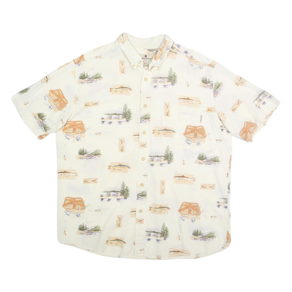 WOOLRICH Mens Cream Fishing Print Cotton Shirt L Button Down Casual