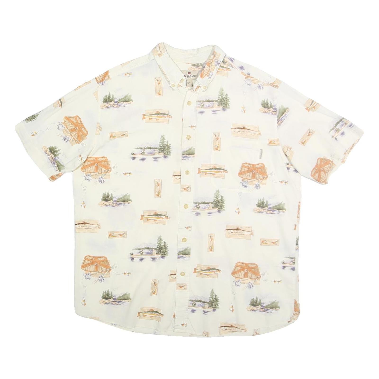 WOOLRICH Mens Cream Fishing Print Cotton Shirt L Button Down Casual