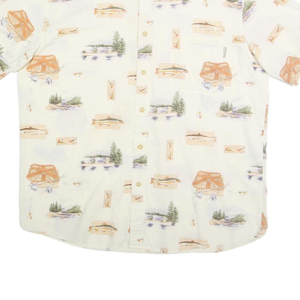 WOOLRICH Mens Cream Fishing Print Cotton Shirt L Button Down Casual